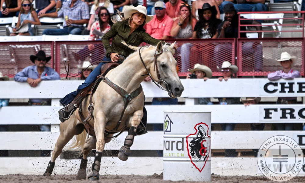 Bristan McCarley of Happy, Texas, has had the fastest run in the Women’s Professional Rodeo Association sanctioned barrel race at the 2025 Cheyenne Frontier Days Rodeo so far. McCarley and her horse Cheyenne Rumble, which she calls Louie, stopped the clock in 17.00 seconds for the win in Quarter Finals 1 on Saturday afternoon to finish one-tenth of a second faster than Hailey Kinsel of Cotulla, Texas. CFD photo by Tanya Hamner