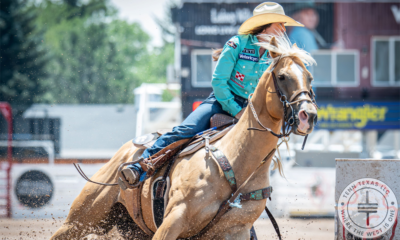 Hailey Kinsell from Cotulla, Texas had the fastest time in the qualifying round of barrel racing at Cheyenne Frontier Days. Riding DM Sissy Hayday “Sister,” she stopped the clock in 17.18 seconds to earn $7,834. She will compete again in the Quarter Finals and is hoping to win her second title at the “Daddy of ‘em All.” Photo by Kirk Miller CFD Volunteer.