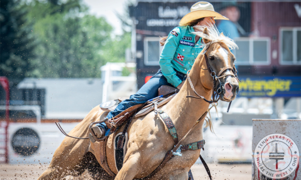 Hailey Kinsell from Cotulla, Texas had the fastest time in the qualifying round of barrel racing at Cheyenne Frontier Days. Riding DM Sissy Hayday “Sister,” she stopped the clock in 17.18 seconds to earn $7,834. She will compete again in the Quarter Finals and is hoping to win her second title at the “Daddy of ‘em All.” Photo by Kirk Miller CFD Volunteer.