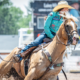 Hailey Kinsell from Cotulla, Texas had the fastest time in the qualifying round of barrel racing at Cheyenne Frontier Days. Riding DM Sissy Hayday “Sister,” she stopped the clock in 17.18 seconds to earn $7,834. She will compete again in the Quarter Finals and is hoping to win her second title at the “Daddy of ‘em All.” Photo by Kirk Miller CFD Volunteer.