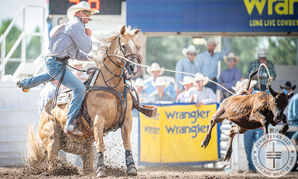 Riley Pruitt from Gering, Nebraska won the first round during the tie-down roping qualifier. He stopped the clock in 9.6 seconds to earn $5,351 and a spot in the quarter finals. Photo by Kirk Miller CFD Volunteer.

 