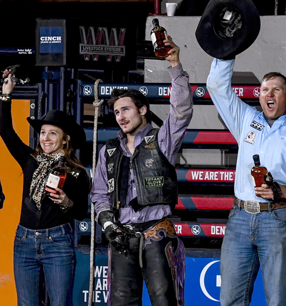 Colorado Versus the World winners, left to right – Hayden Welsh, bull riding; Amanda Welsh, barrel racing; Thayne Elshere, saddle bronc riding; Tyke Kipp, steer wrestling; and Tuker Carricato, bareback riding. NWSS photo by Ric Andersen.