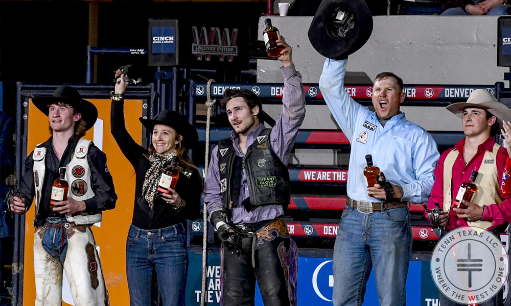 Colorado Versus the World winners, left to right – Hayden Welsh, bull riding; Amanda Welsh, barrel racing; Thayne Elshere, saddle bronc riding; Tyke Kipp, steer wrestling; and Tuker Carricato, bareback riding. NWSS photo by Ric Andersen.